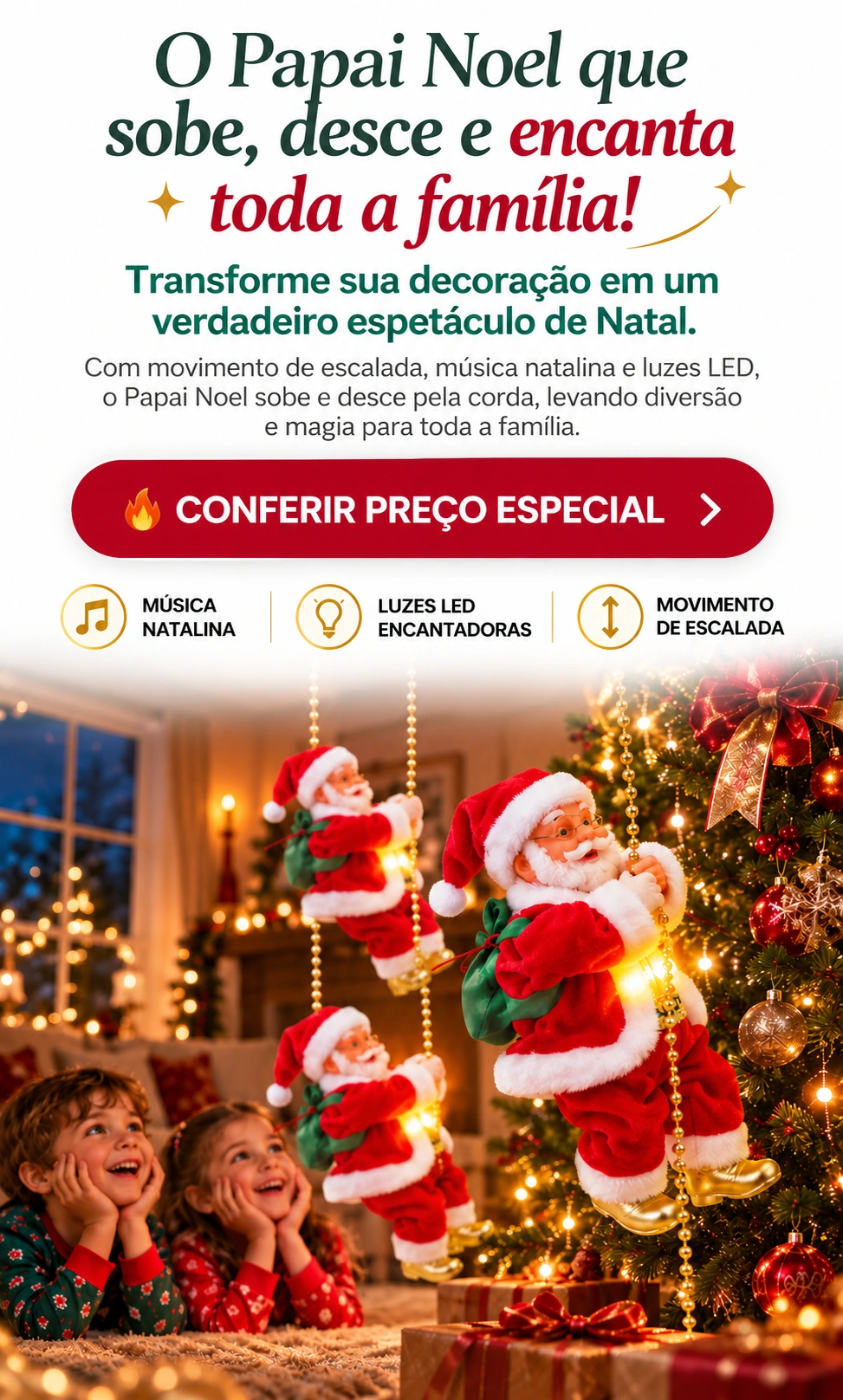 Composição ilustrativa com três Papais Noéis perto de uma árvore de Natal e duas crianças sorrindo.